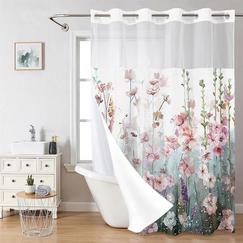 YL-38252 Digital Printed Double-Layer Large Ring Polyester Shower Curtain - Waterproof and Mildew-Proof, Floral Pattern Bathroom Curtain