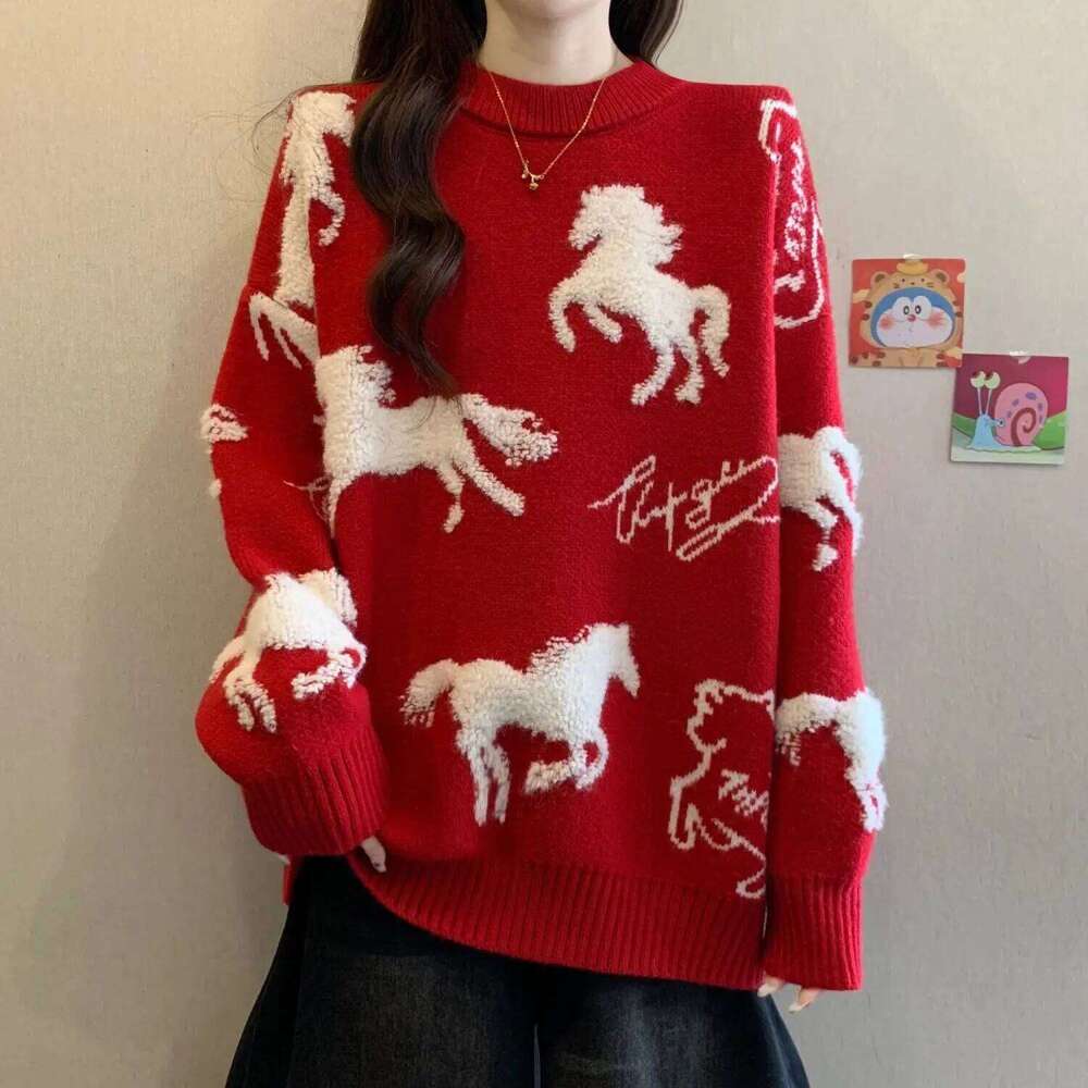 Couple red men s women birth year autumn and winter Chinese New Year Horse thickened knitted sweater jacket luanyun