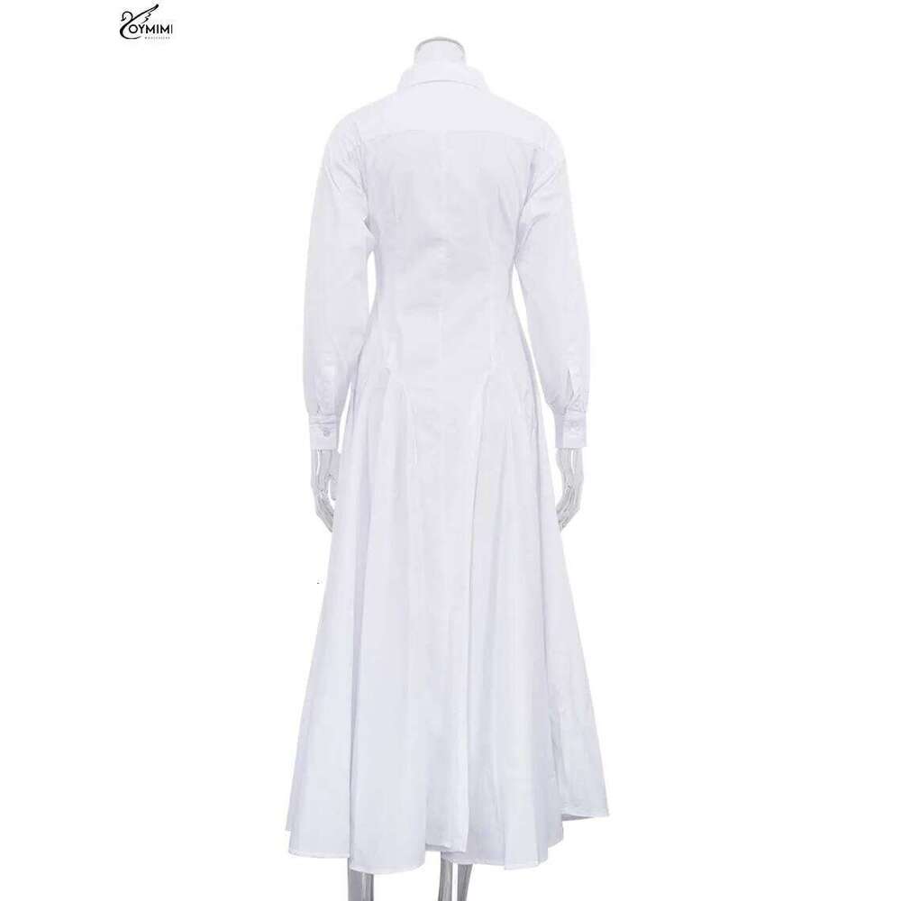 Oymimi Elegant White Lapel Women's Dress Fashion Three Quarter Sleeve Pockets Casual Button Pleated Ankle-Length Dresses XJ260130
