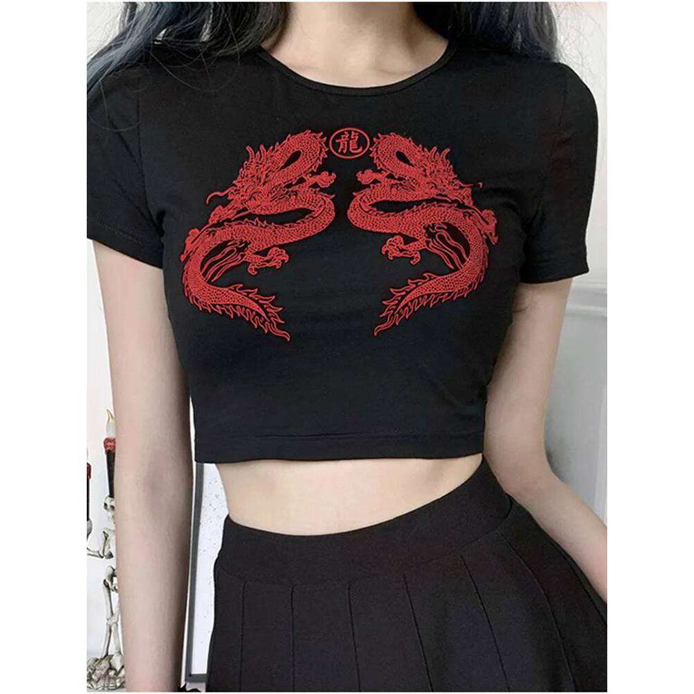 Fashion 2026 Women Short Sleeve Dragon Print T-Shirt Summer Fashion Crop Top For Shopping Daily Wear Designer