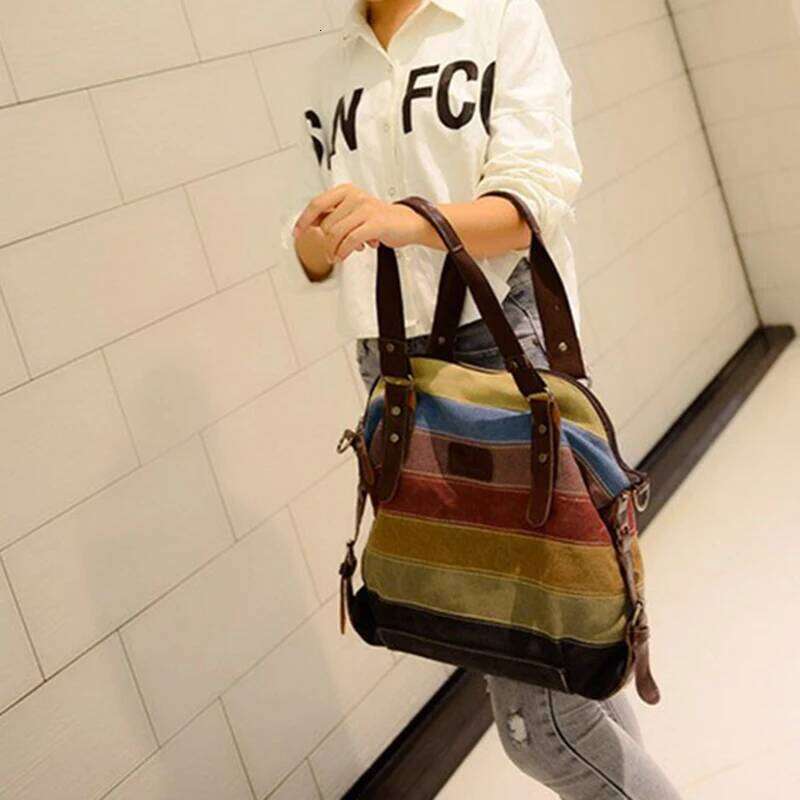 Canvas Totes, Striped Women's Handbag, Patchwork Rainbow Shoulder Bag, Fashion Female Casual Crossbody Bag Z260130