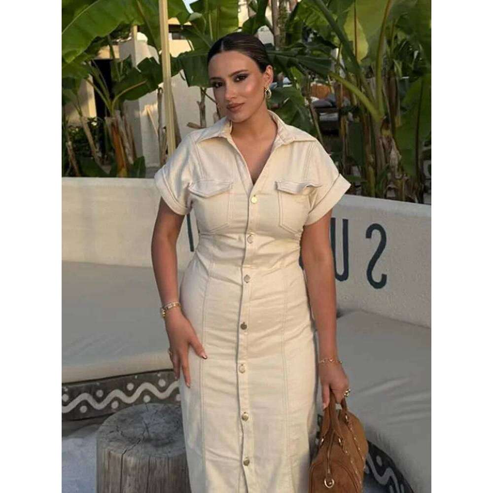 HXAO Women's Dress Button Short Sleeve Midi Summer New Denim Long Dresses Office Elegant Female Clothing XJ260130
