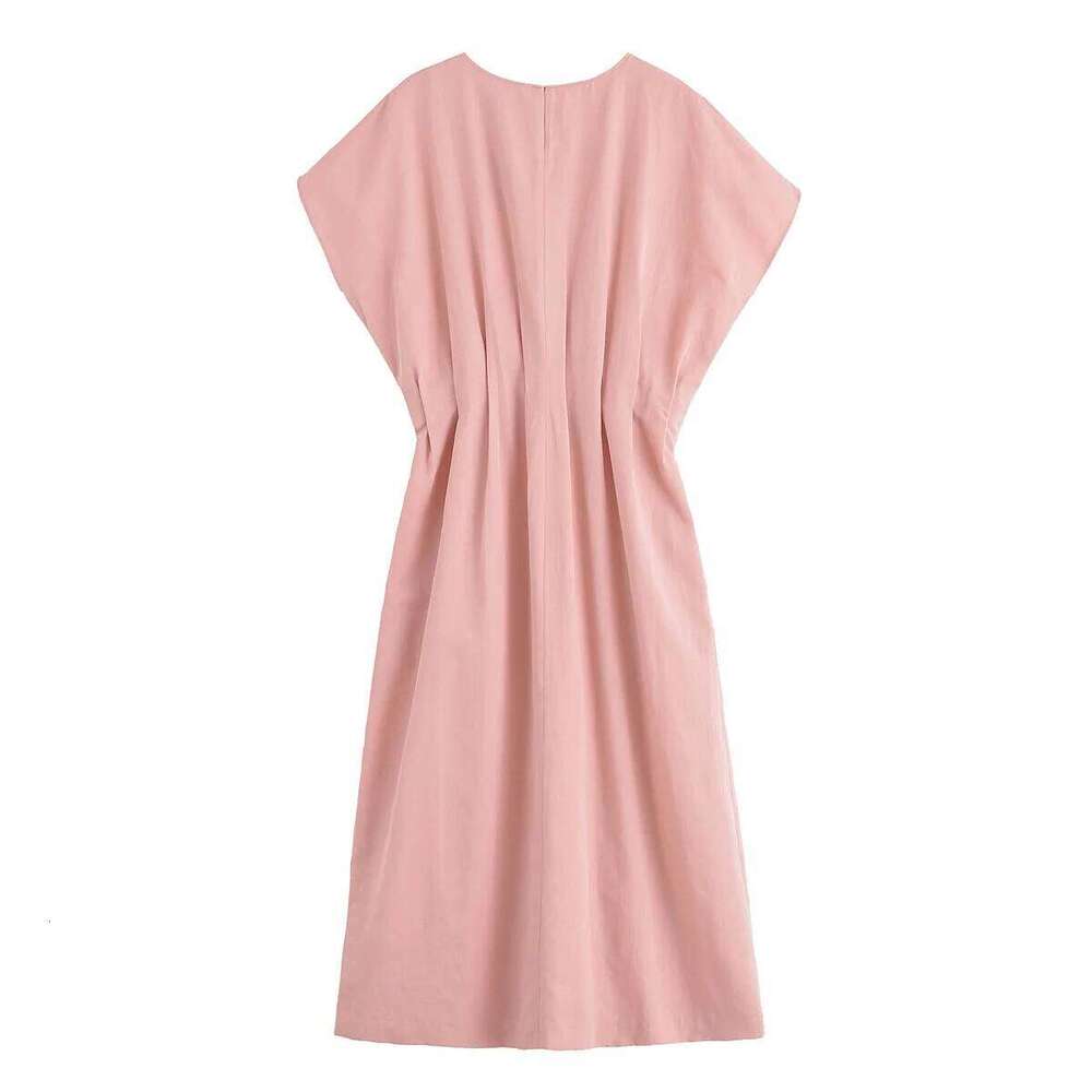 2025 Summer New Women's Clothing Round Neck Pleated Decorative Short Sleeve Slim Long Skirt Midi Dress XJ260130