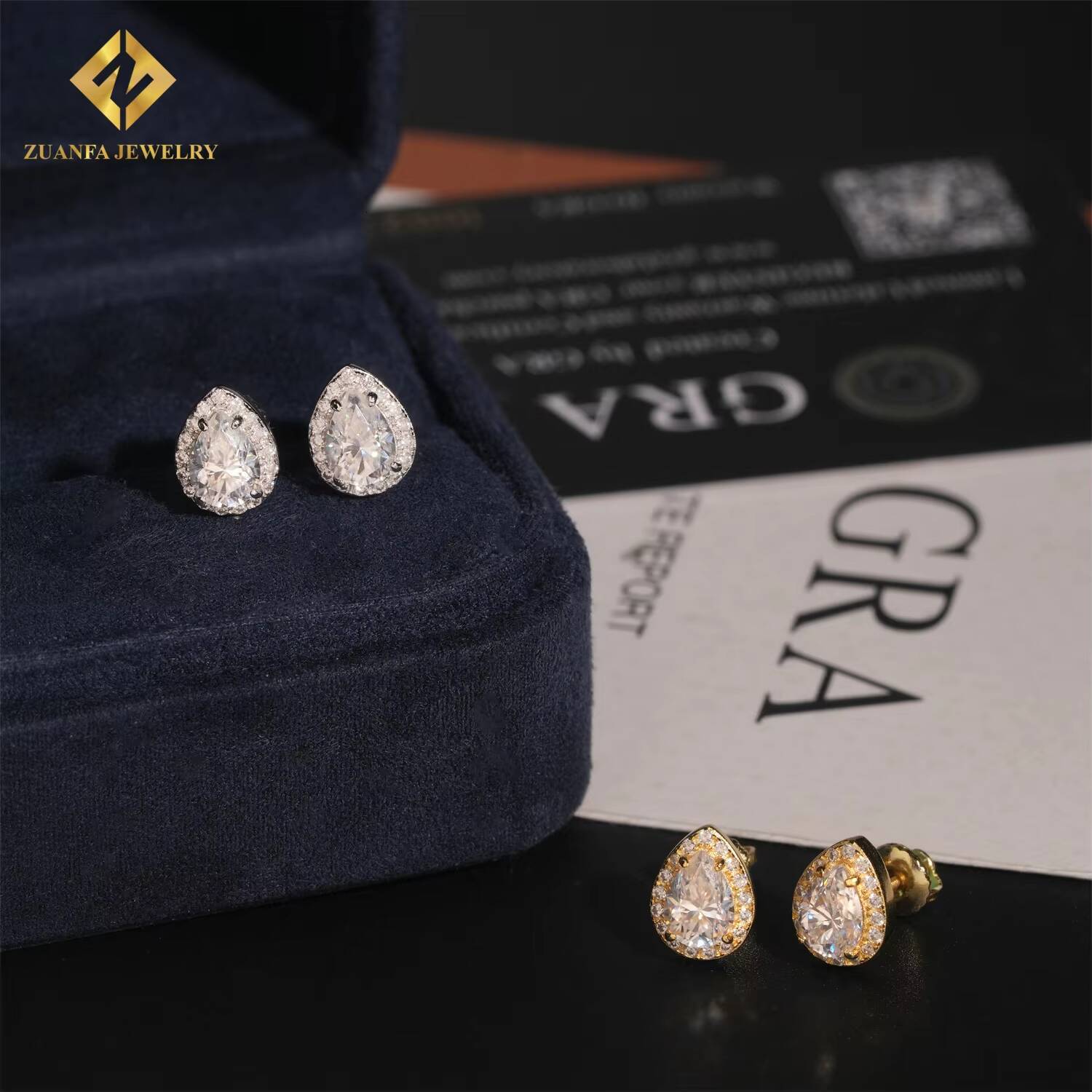 Factory Wholesale Pear Cut Halo Stud Earrings 925 Sterling Silver VVS Moissanite White Gold Plated Screw Back Ear Studs