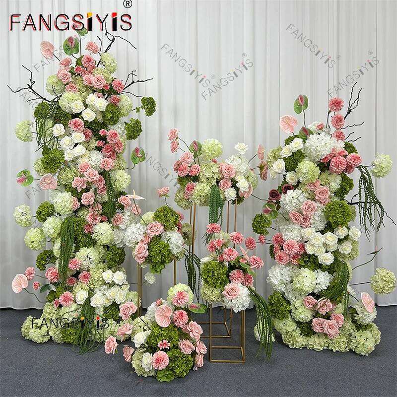 Romantic Green pink Hydrangea KT Board Row Wedding Backdrop Decor Floral Arrangement Event Props Stage Aisle Floor Flower Y260130