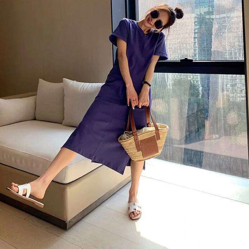 Casual Backless T Shirt Summer New Round Neck Short Sleeve Solid Color Loose Midi Dress Fashion Trend Women Clothing XJ260130
