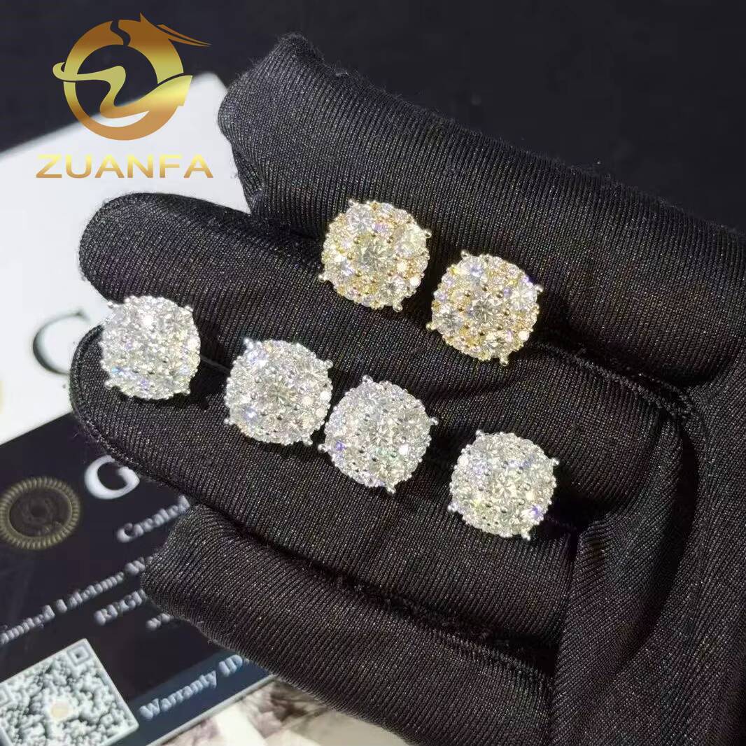 Wholesale Price 12mm Cluster Round Cut Moissanite Earrings Screw Back 925 Silver Hip Hop Earrings Cluster Earrings Men