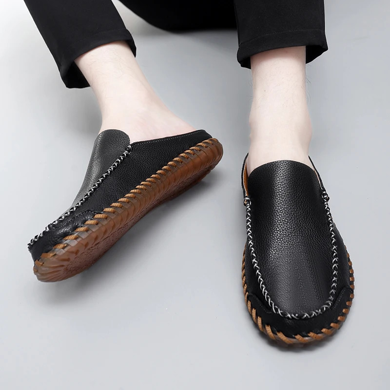 Men Slippers Genuine Leather Loafers Moccasins Outdoor Non-slip Black Casual Slides Summer Spring Fashion Shoes Plus Size 38 260124