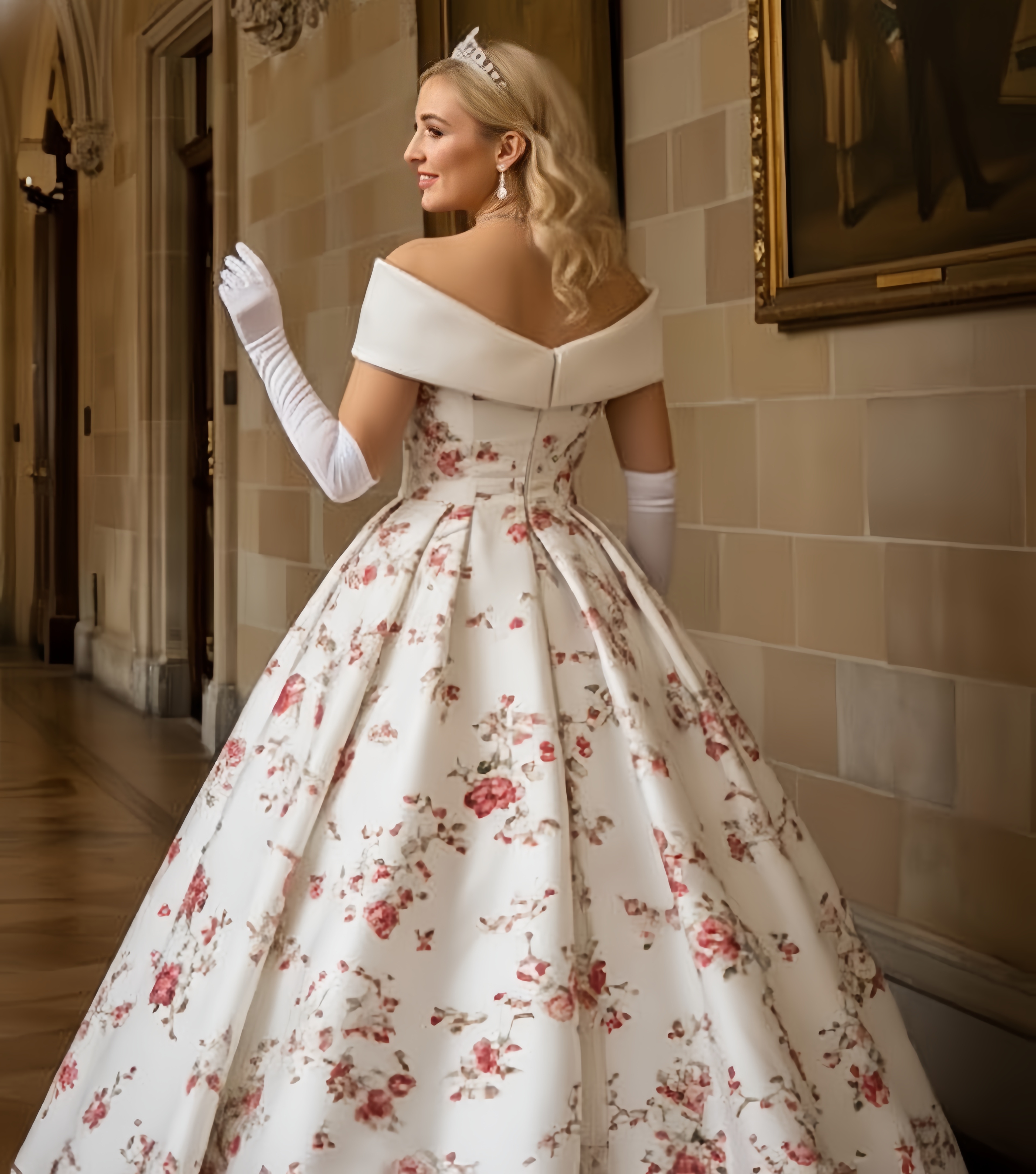 Romantic Floral Print Prom Dresses Off-Shoulder White Satin A-Line Vintage Princess Evening Gowns Sweep Train Court Birthday Party Special Occasion Dr