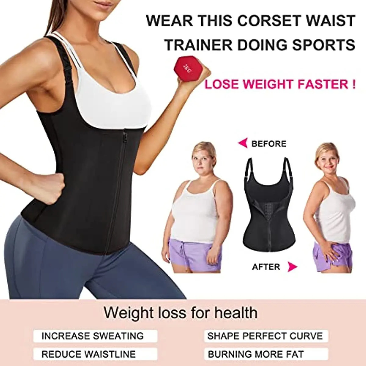 Women Waist Trainer Corset Zipper Vest Body Shaper Cincher Shapewear Slimming Belt Sports Girdle Neoprene Sauna Tank Top 260130
