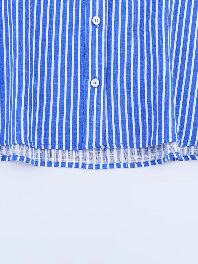 Women Summer Shirts Blouses Tops Casual Striped Linen Loose Pockets Female Elegant Street Short Top Clothing 260126