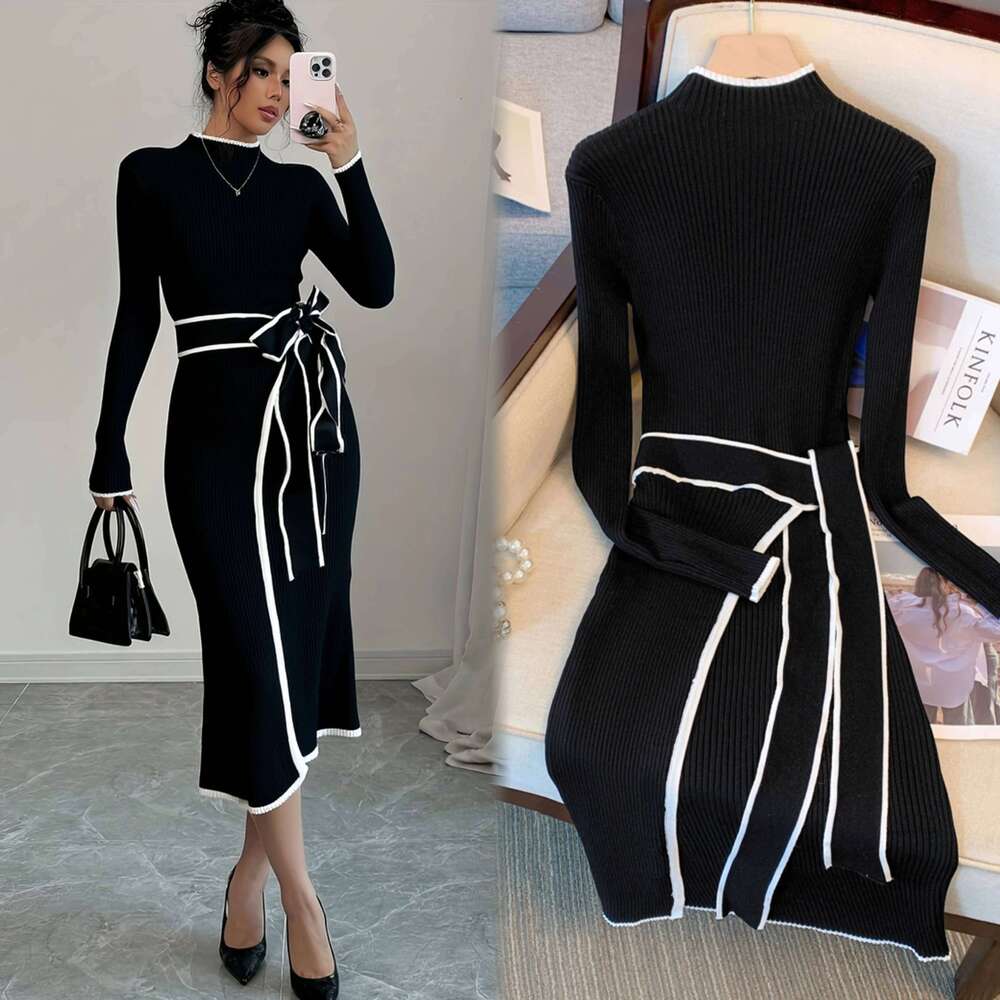 YuooMuoo 2025 New Arrival Women Knitted Elegant Slim Waist Long Sleeves Bodycon Sweater Dress Office Lady Vestidos XJ260130
