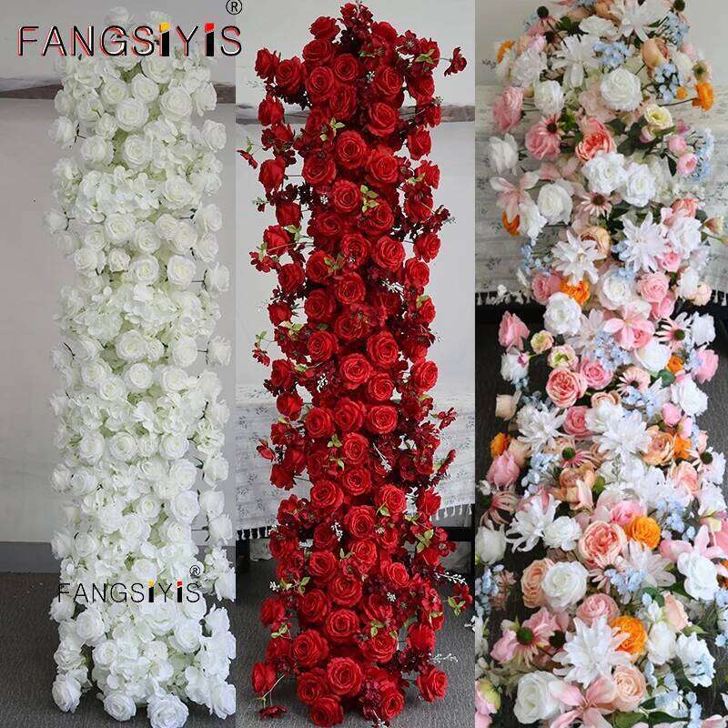200/100cm Luxury White Rose Artificial Flower Row Wedding Table Centerpiece Flowers Backdrop Wall Arches Decor Party Stage Flora W260130