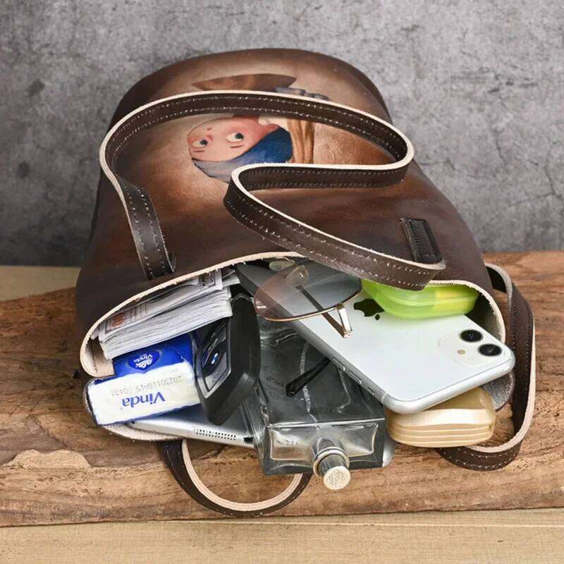 Vintage Women S Shoulder Crossbody Bags Genuine Leather Handmade Bucket Bag First Layer Cowhide Retro Printing Handbag KABAHEBINGJUE