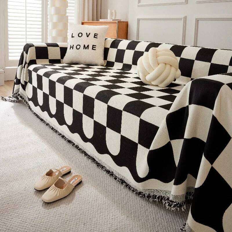 Black White Grid Sofa Blanket, Full Cover, Universal Couch Towel, With Tassels Home Decor, Living Room Decor