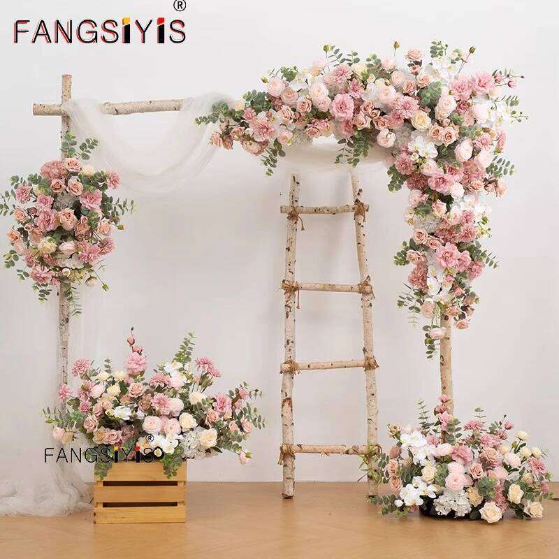 Pink Rose Delphinium green Leaf Artificial Hang Corner Flower Wedding Road Lead Floor Floral Arrangements Event Backdrop Decor W260130