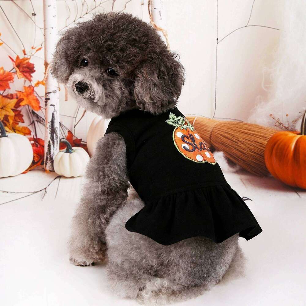 Dresses Cute Pumpkin Pattern Printed Black for Small Dog Girls Female Halloween Party Dress Poodle Chihuahua Clothes H260130