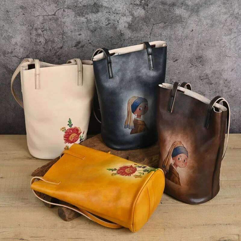 Vintage Women S Shoulder Crossbody Bags Genuine Leather Handmade Bucket Bag First Layer Cowhide Retro Printing Handbag KABAHEBINGJUE