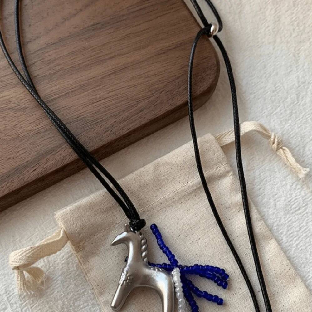Creative Sweater Chain Pony Pendant Horse Long Wax Rope Jewelry Accessories Golden PU Leather Necklace Women