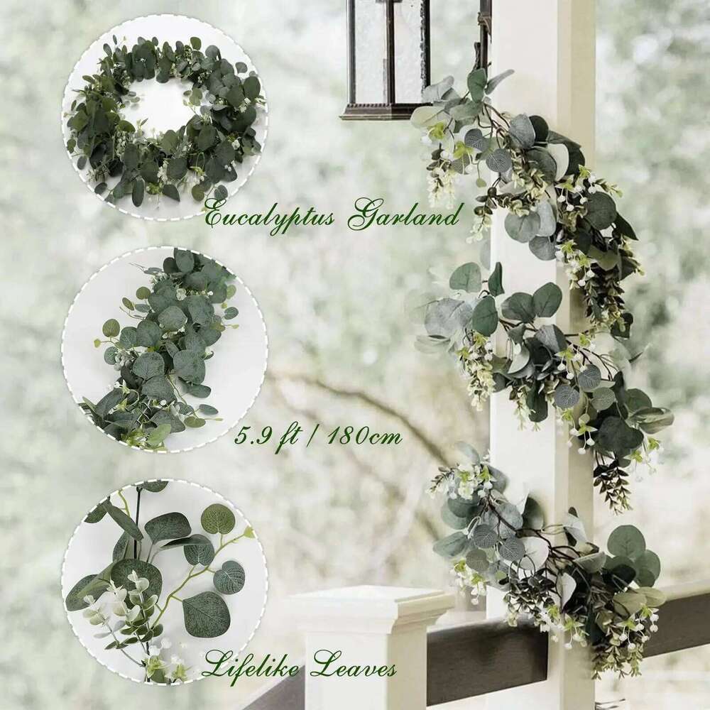 1pc Artificial Eucalyptus Leaves Greenery Garland Faux Plant Spring Vines with White Flowers Berries for Wedding Home Party Deco W260130