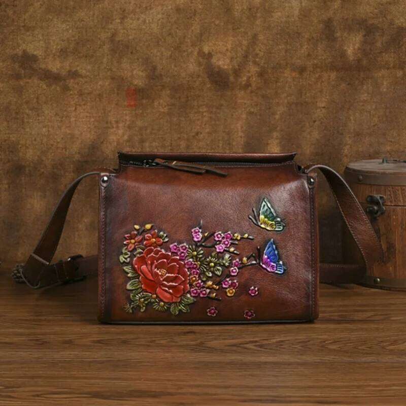 New Women S Shoulder Handmade Embossed Genuine Leather Bag Retro Floral Crossbody Bags KABAHEBINGJUE