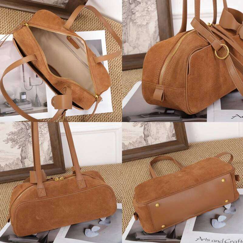 Burminsa Cowhide Suede Genuine Leather Underarm Shoulder Bags For Women 2026 Luxury Designer Bowling Totes Work Ladies Handbags