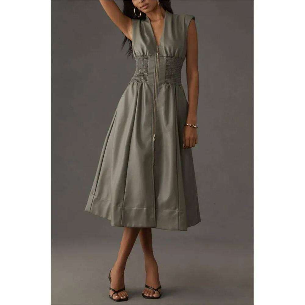 PU Leather Zipper Long Dress Women Summer Sleeveless Elastic Waist Tight Retro Elegant Pleated Dresses Office Female Vestidos XJ260130