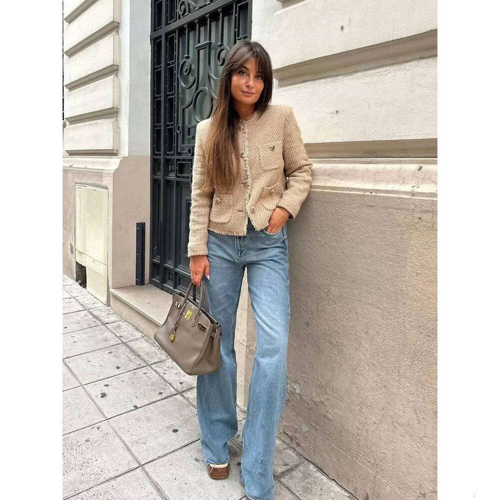 ZHE HAN BWQ Women's Coat Tweed Cropped Jacket New In Outerwears Autumn Winter Crop Jacket Woman Long Sleeve Elegant Short Coats