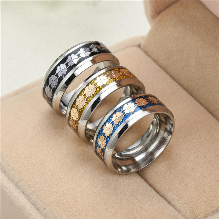 New Micro Inlaid Glazed Four-Leaf Clover Titanium Steel Fashion Personality Hot-Selling Tail Ring Manufacturer Wholesale