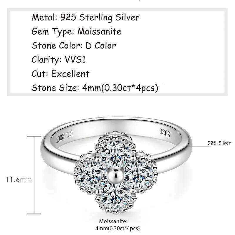 RAPRGOLD GRA Certified Round Cut Moissanite Lucky Clover Engagement Ring for Women 925 Sterling Silver Wedding Fine Jewelry Gift XJ260130