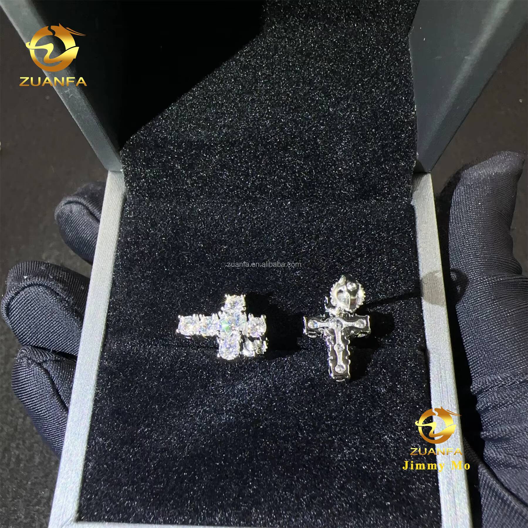 Bulk Stock Drop Shipping Rapper Jewelry Iced Out Hip Hop Sterling Silver 925 Screw Back Moissanite Diamond Cross Stud Earrings