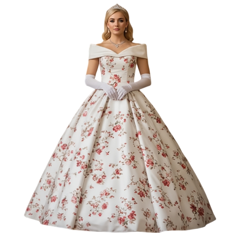 Romantic Floral Print Prom Dresses Off-Shoulder White Satin A-Line Vintage Princess Evening Gowns Sweep Train Court Birthday Party Special Occasion Dr