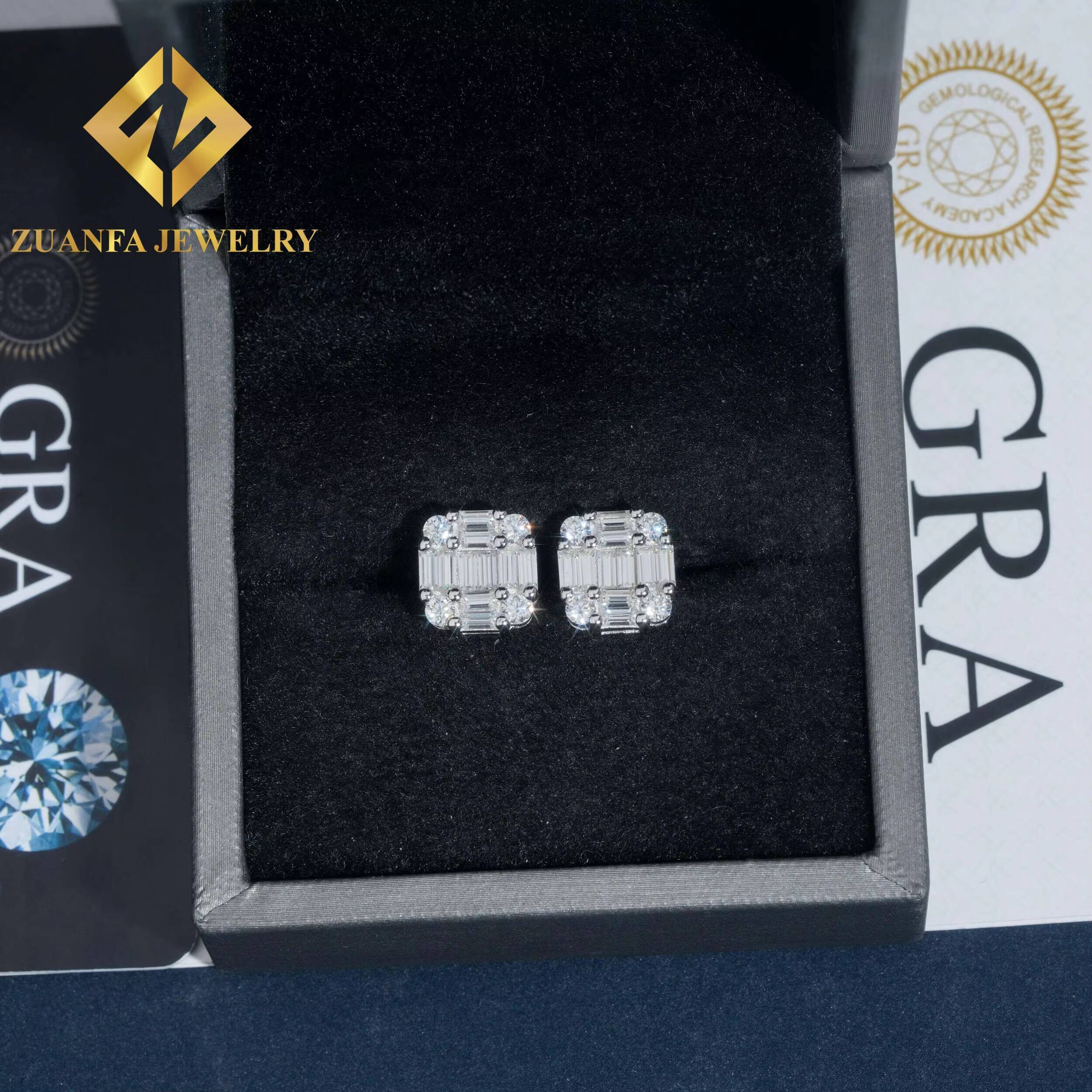 Wholesale Price GRA Certificates Square Shape Stud Earring Hip Hop 925 Sterling Silver baguette Moissanite Luxury Stud Earring