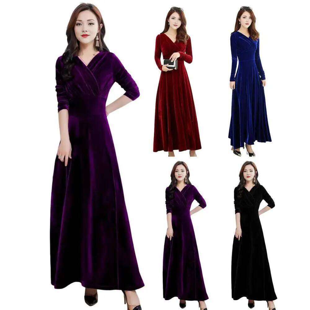 Ladies Loose Casual Solid Color Velvet Women O Collar Long Sleeved Midi Autumn Winter Party Luxury Dress Vestidos XJ260130