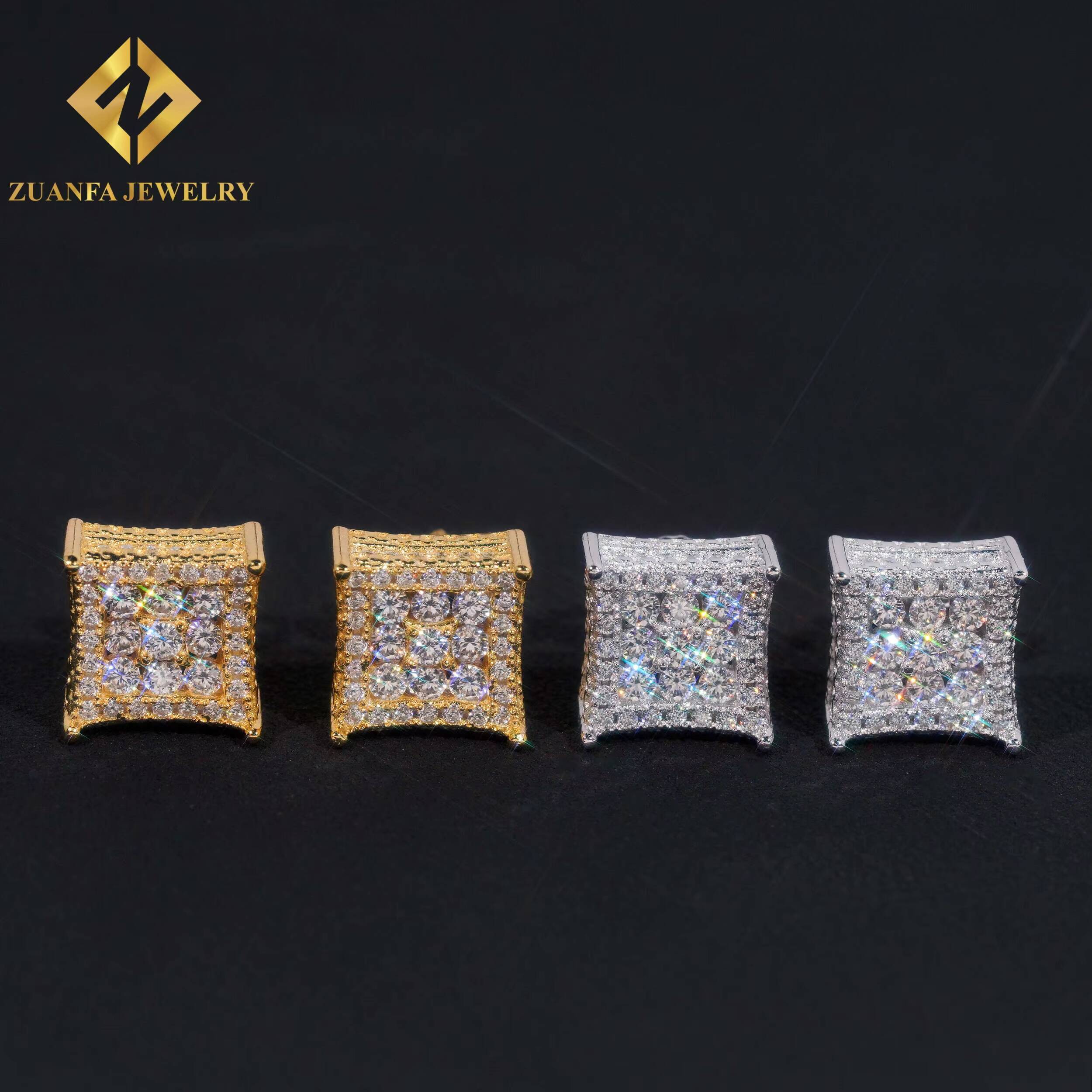 1010mm Square Stud Earring 925 Silver Moissanite Stud Hip Hop Fine Jewelry Stud Earring for Men Women