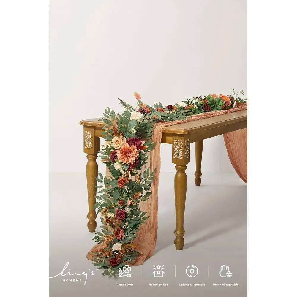 6FT Burnt Orange Eucalyptus & Rose Artificial Floral Garland for Wedding Sweetheart Table, Fall Mantle Decor, Christmas Y260130