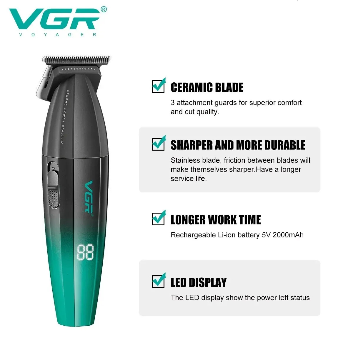 VGR Hair Clipper Cordless Hair Trimmer Professional Hair Cutting Machine Electric 9000 Rpm Haircut Clipper for Men V-003 V-906 260129