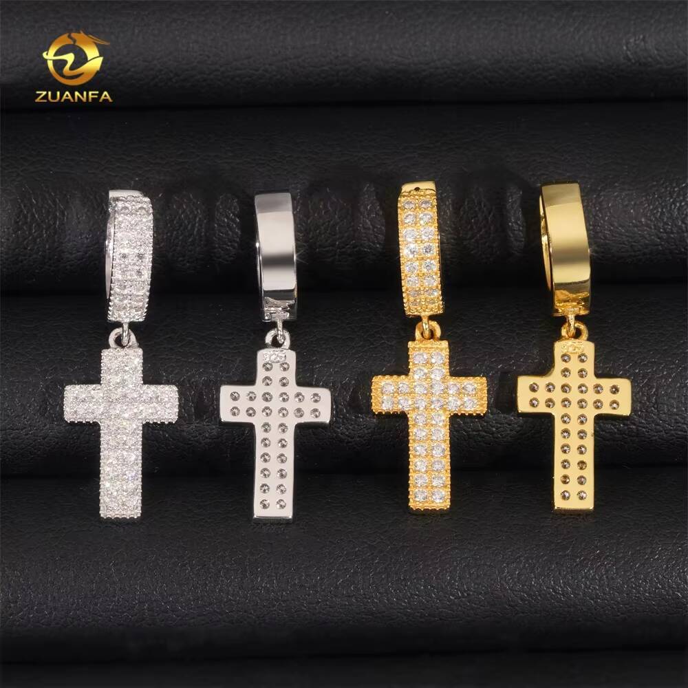 New Fashion Hip Hop Jewelry 925 Silver Iced Out Hoop Cross Drop Moissanite Diamond Earrings for Men