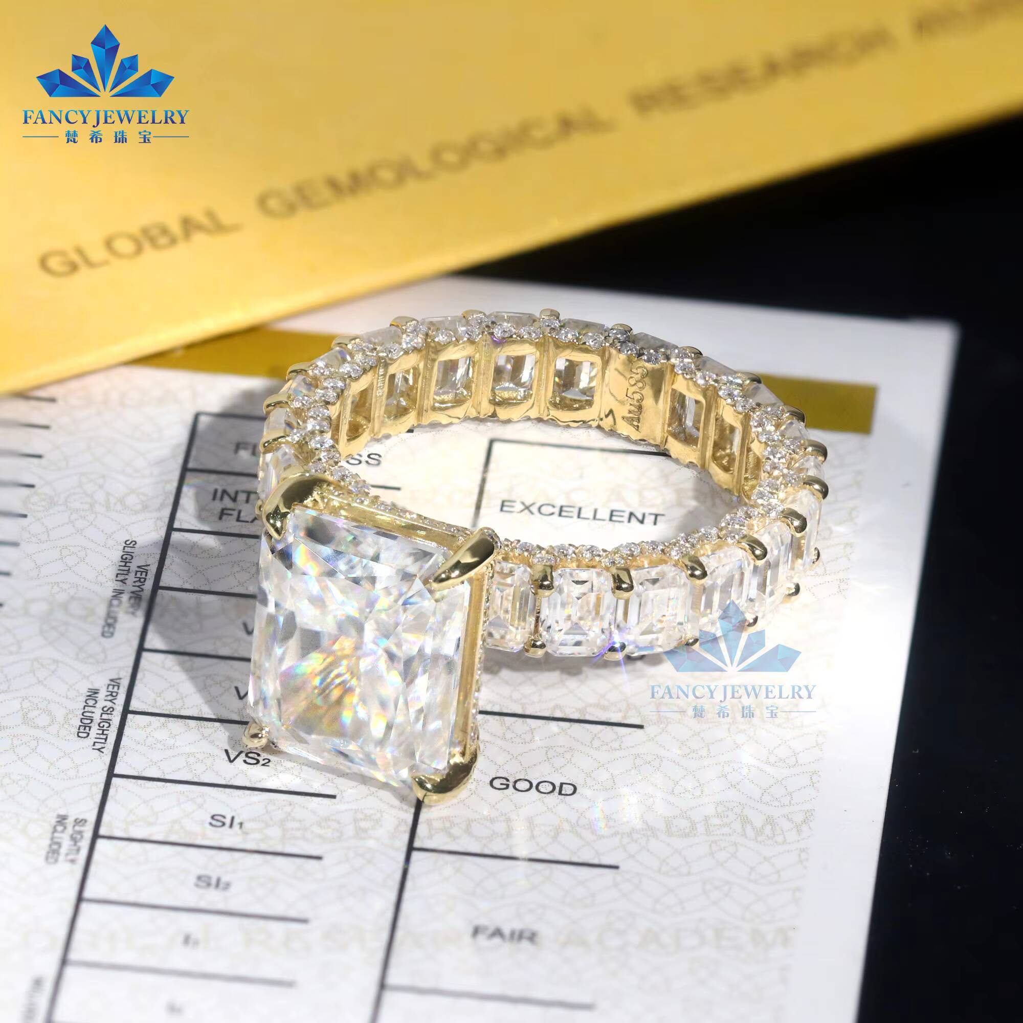 Fancy Jewelry Luxury Iced Out Moissanite Wedding Ring 3x4mm Emerald Eternal Ring 5CT 9X11mm Radiant Full 14K Engagement Ring