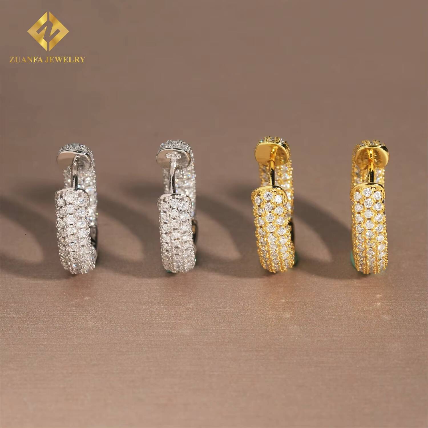 RTS Iced Out 3 Rows VVS Moissanite Diamond Earrings 925 Silver Jewelry Trendy Hip Hop Hoop Earrings Diamonds for Men Women