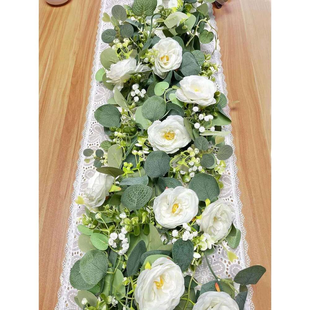 2pc 1.8M Realistic Faux Eucalyptus & White Roses Garland Vine for Wedding Arch Table Centerpiece Balcony Staircase Party Decor W260130