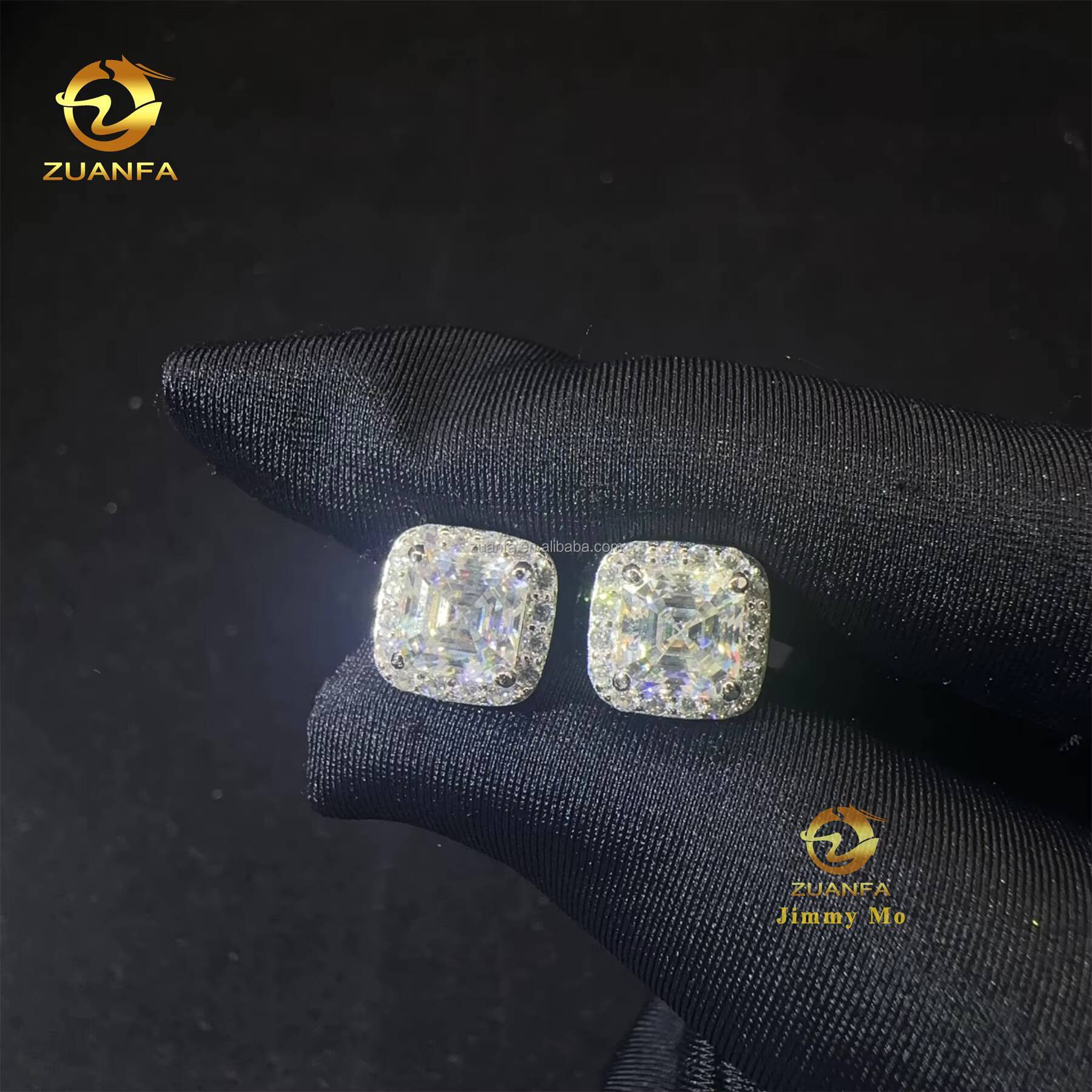 Ready to Ship Bulk Stock Pass Diamond Testser Iced Out Hip Hop Sterling Silver Square Asscher Moissanite Diamond Stud Earrings