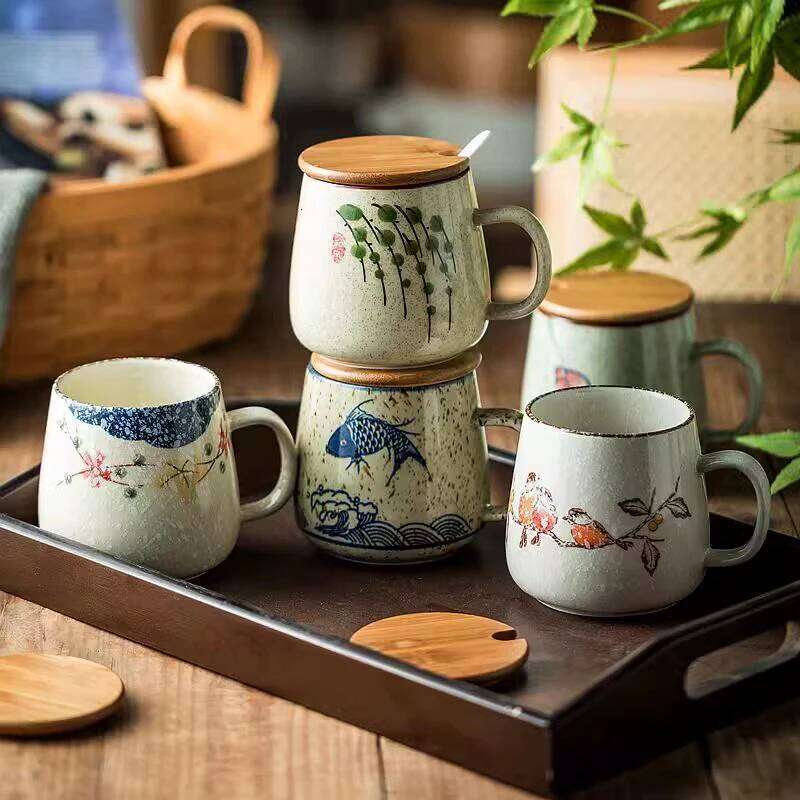 350ml Japanese Retro Ceramic Coffee With Lid And Spoon Milk Breakfast Cups Home Heat-resistant Teacup Tumbler Water Mug Gift
