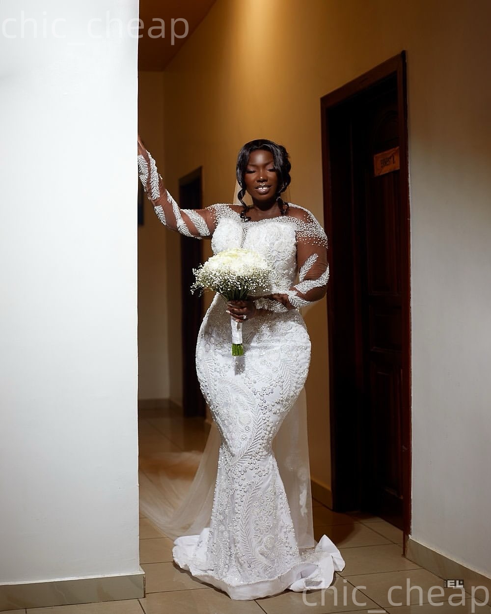 African Aso Ebi 2026 Ivory Mermaid Wedding Dress Beaded Appliques Sheer Neck Sequined Full Sleeves Vintage Charming Bridal Gowns Dresses ZJ2341