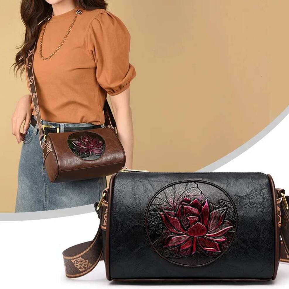 OLOEY Vintage 3D Floral Women's Crossbody Shoulder Phone Stylish Cylinder Bag Ethnic Chic Red Rose Embossed Design - Perfect Gift For Mom, Valent