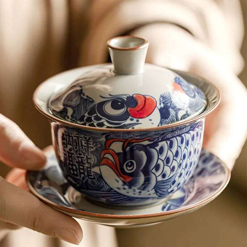 130ml Chinese Blue and White Ceramic Tureen Handmade Fish Gaiwan Beauty Infuser Teacup Household Tea Bowl Teaware