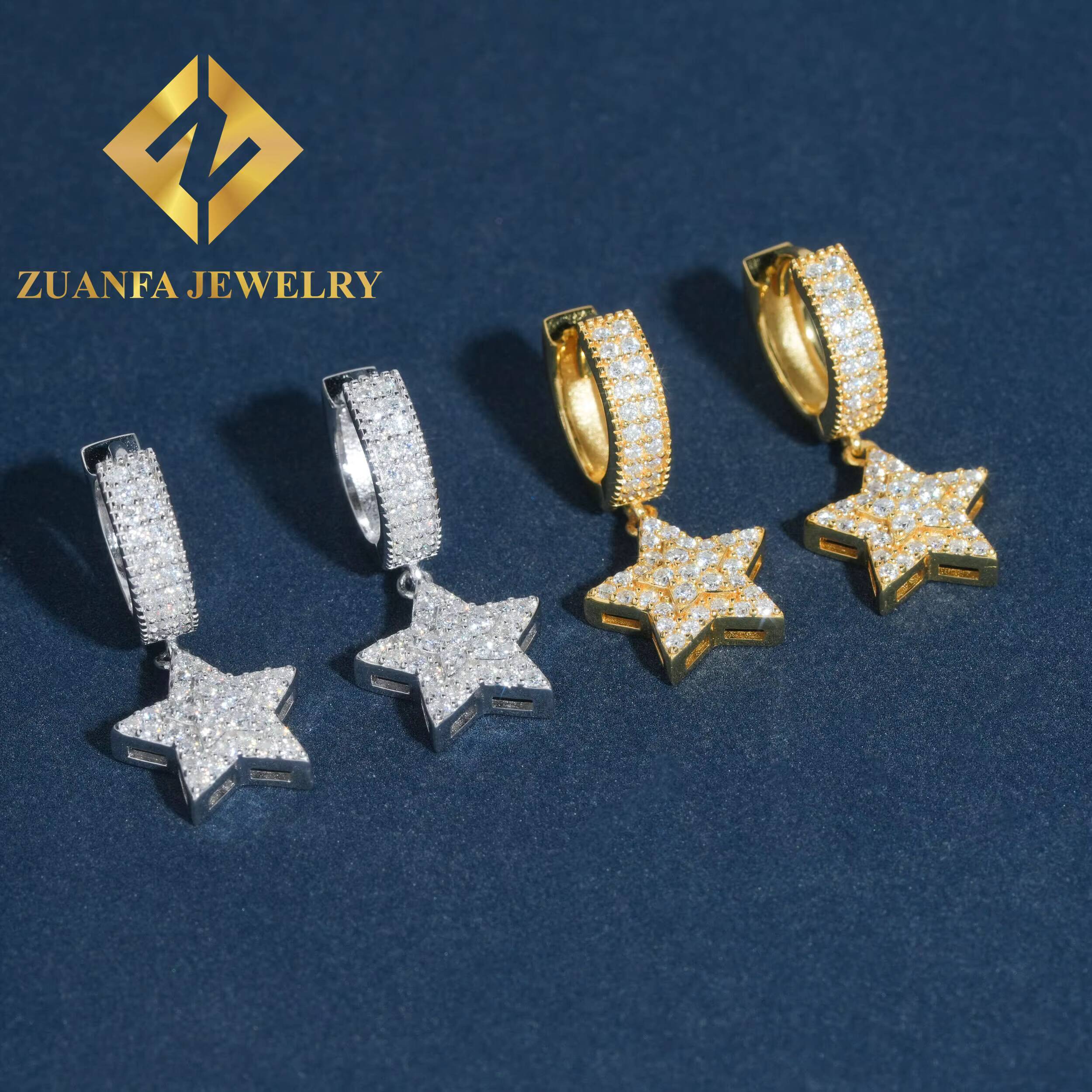 925 Sterling Silver VVS Moissanite Five-pointed Star Hoops Hip Hop Fashion Cross Design Hoop Earring for Women Men