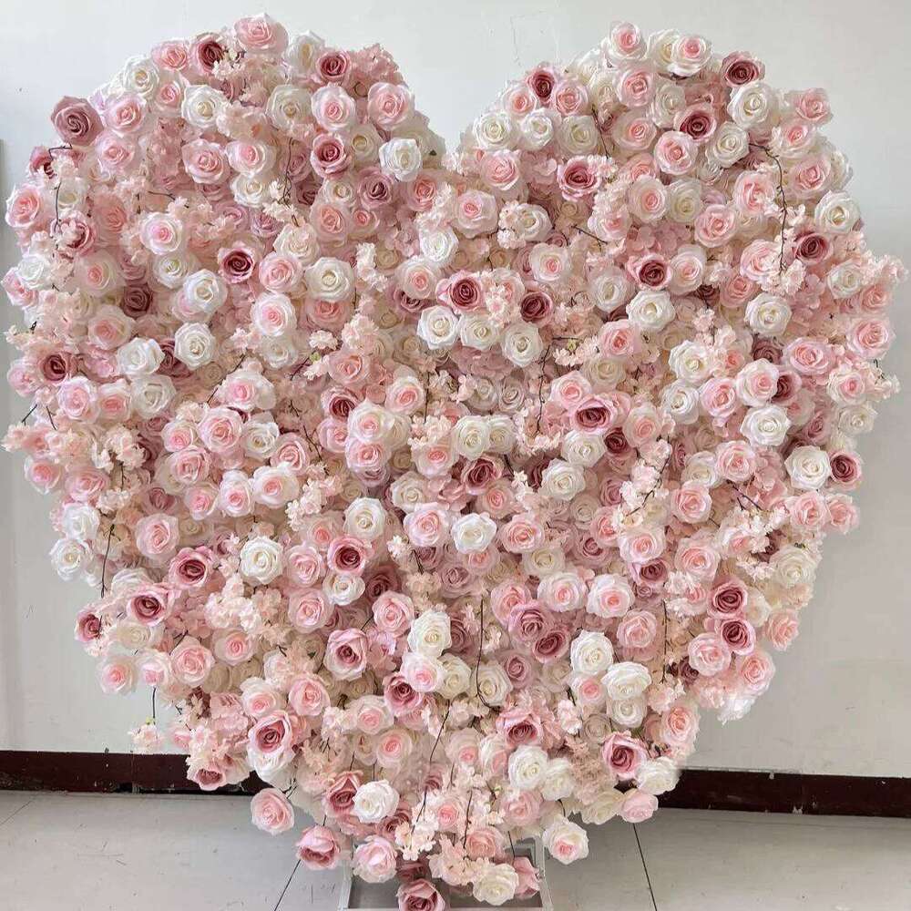 Luxury Red Rose Green Leaf Floral Arrangement With Cloth Base Decor Wedding Backdrop Heart-Shaped Arch Frame Stage Flower Stand W260130