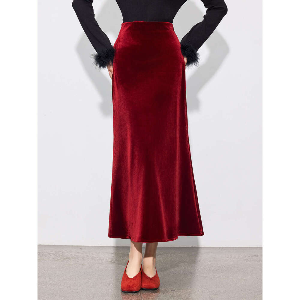 Zhihetang Velvet Fashionable Draped Glossy For Women Autumn National Style Half Elegant Slimming Long Skirt LEEGO LENS