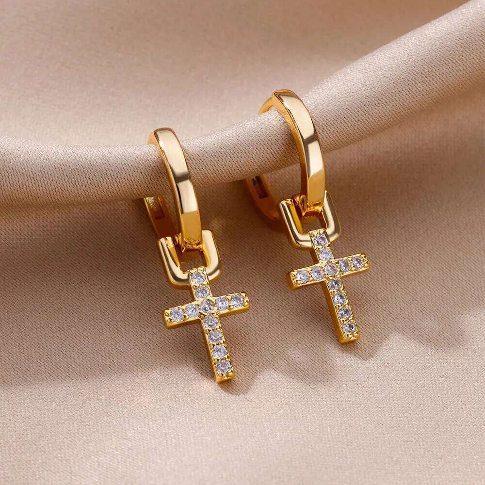 Zircon Dangle Earrings For Women Girls Stainless Steel Cross Earring 2023 Trending Couple Wedding Aesthetic Jewelry aretes